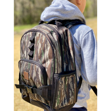 Child wearing BC Raskulls Realtree Original Camo Backpack side